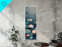 Carregar imagem no visualizador da galeria, Calm Water Lilies Floating On Still Pond With Subtle Ripples Ukiyo-e Skinny Tall Wood Block Framed Canvas Print Japanese Style Art