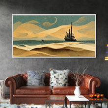 Load image into Gallery viewer, Art deco canvas print, pirate ship at sea beyond the sand dunes, living room wall art