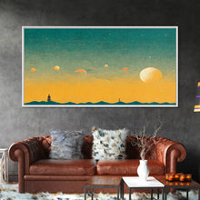 Load image into Gallery viewer, Art deco light house at sunset canvas print, sunset, vintage 20s style wall art, 30s style wall art, orange and turquoise sunset art