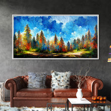 Load image into Gallery viewer, Beautiful Forest Sunset Oil Painting Canvas Print, Blue Skies and Fall Trees, Autumn, Ready to hang gallery wrapped nature canvas print