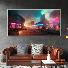 Load image into Gallery viewer, Destitute cyberpunk city with neon signs wall art, Bladerunner vibes art, synthwave style art, cool wall art
