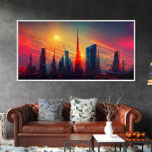 Load image into Gallery viewer, Dystopian Cyberpunk canvas print, cyber punk city at sunset, Bladerunner vibes art, synthwave style art, cool wall art, night city