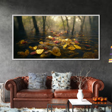 Carregar imagem no visualizador da galeria, Fall leaves floating down the river, autumn, landscape and nature canvas print, oil painting style, neutral wall art