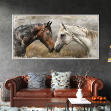 Load image into Gallery viewer, Black and White Horses, Framed Canvas Print for Elegant Living Room Decor, Equine Art for Home and Bedroom Decoration