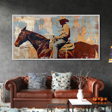 Load image into Gallery viewer, Cowboy on Horseback, Textured Background, Modern Living Room Art, Framed Canvas Print, Rustic Home Decoration, Boho Wall Art