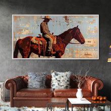 Load image into Gallery viewer, Cowboy on Horse with Rustic Background, Stunning Wall Art, Framed Canvas Print, Boho Bedroom Decor, Western Home Decoration