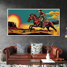 Load image into Gallery viewer, Cowboy Riding Through Desert, Southwestern Landscape Art, Framed Canvas Print, Boho Decor, Desert Art, Rustic Wall Art