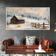 Load image into Gallery viewer, Snowy Barn in Winter Field, Framed Canvas Print, Rustic Wall Art, Living Room Decor, Farmhouse Style, Winter Landscape