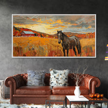 Load image into Gallery viewer, Black Horse in Autumn Field with Red Barn, Perfect Farmhouse Art, Framed Canvas Print, Rustic Wall Decor, Living Room Decoration