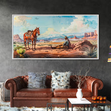 Load image into Gallery viewer, Cowboy Resting with Horse in Desert Landscape, Classic Western Art, Framed Canvas Print, Rustic Wall Decor, Living Room Decoration