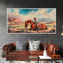 Load image into Gallery viewer, Cowboy Comforting Horse in Open Plains, Farmhouse Western Decor, Framed Canvas Print, Country Living Art, Rustic Wall Art for Home