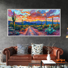 Carregar imagem no visualizador da galeria, Cacti and Mountains Under Sunset Sky, Vibrant Southwestern Landscape Art, Framed Canvas Print, Boho Living Room Decor, Desert Scene