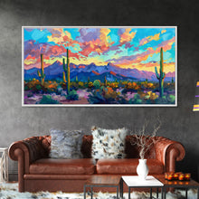 Load image into Gallery viewer, Expansive Desert Landscape at Sunset, Colorful Southwestern Art, Framed Canvas Print, Boho Living Room Wall Decor, Desert Scene