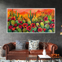 Cargar imagen en el visor de la galería, Colorful cactus garden in desert sunset, Framed Canvas Print, perfect for farmhouse living room, bohemian wall art