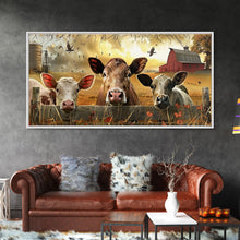 Carregar imagem no visualizador da galeria, Cute cows peeking through barn fence, Framed Canvas Print, ideal for farmhouse living room, country style wall art decor