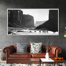 Carregar imagem no visualizador da galeria, Framed Canvas Print of Cowboys Riding through Canyon, Western Wall Art for Living Room or Bedroom, Unique Home Decor