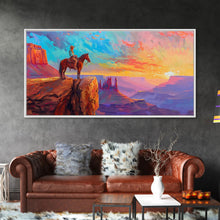 Load image into Gallery viewer, Cowboy and Horse with Canyon View, Farmhouse Style Framed Canvas Print for Bedroom Wall Art, Vibrant Home Decor, Western Scenic Art