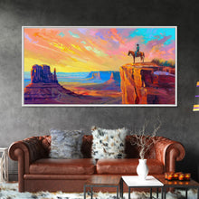 Load image into Gallery viewer, Cowboy with Horse on Cliff Edge, Farmhouse Style Framed Canvas Print for Living Room Wall Art, Vibrant Home Decor, Western Scenic Art