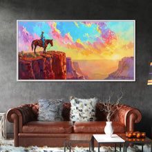 Load image into Gallery viewer, Cowboy on Horse Under Vibrant Sky, Farmhouse Style Framed Canvas Print for Bedroom Wall Art, Rustic Home Decor, Western Scenic Art