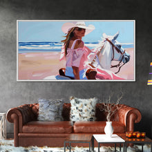 Load image into Gallery viewer, Elegant Cowgirl on Horse by the Shore, Beautiful Framed Canvas Print, Ideal for Coastal Living Room Art, Beach Bedroom Decor, Horse Wall Art