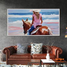 Load image into Gallery viewer, Cowgirl Riding Horse by the Ocean, Tranquil Framed Canvas Print, Perfect for Coastal Living Room Art, Beach Bedroom Decor, Horse Wall Art