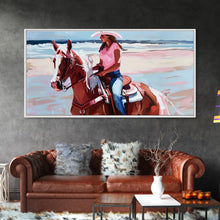 Load image into Gallery viewer, Cowgirl on Horse at the Beach, Stunning Framed Canvas Print, Ideal for Coastal Living Room Art, Beach Bedroom Decor, Equestrian Wall Art