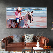 Load image into Gallery viewer, Cowgirl in Pink Shirt Riding Horse by the Sea, Beautiful Framed Canvas Print, Coastal Living Room Art, Beach Bedroom Decor, Horse Art