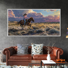 Load image into Gallery viewer, Cowgirl Galloping Across Desert Landscape, Vibrant Framed Canvas Print, Perfect for Living Room Art, Western Bedroom Decor, Desert Wall Art