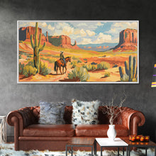 Load image into Gallery viewer, Cowboy in Desert Valley, Framed Canvas Print for Rustic Living Room Decor, Western Art for Home and Bedroom Decoration