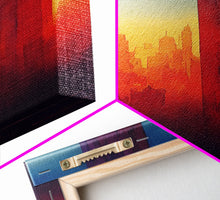 Cargar imagen en el visor de la galería, Chicago at sunset concept art, synthwave style, framed canvas print, ready to hang wall art with frame
