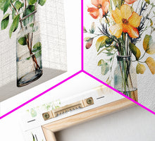 Carregar imagem no visualizador da galeria, 3 Piece Set, Cute Kawaii Floral Print, Flowers In Vases, Framed Wall Art, Canvas Print, Botanical Wall Decor, Boho Kitchen Art, French Art