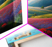 Cargar imagen en el visor de la galería, Colorful rolling hills, flower fields, landscape art, 3 piece wall art, 3 piece canvas, cool centerpiece living room wall art