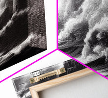 Load image into Gallery viewer, Lighthouse in a storm, black and white, tsunami waves, framed canvas print, ready to hang framed wall art