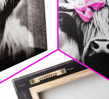 Load image into Gallery viewer, Cute Highland cattle canvas, wall art, Farmhouse decor, Cow Black White print Rustic wall decor Animals painting Scottish cow wall art