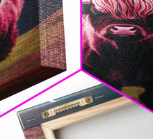 Cargar imagen en el visor de la galería, Colorful farmhouse art, Highland cow, Scotland cattle, framed canvas print, pink cow