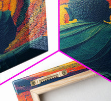 Cargar imagen en el visor de la galería, Colorful rainbow Buddha facing a ring of flowers, framed canvas print, yoga studio art