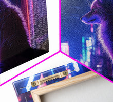 Load image into Gallery viewer, Alley Fox, Cyberpunk city, framed canvas print, urban decay art