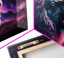 Cargar imagen en el visor de la galería, Cosmic Roar, lion roaring at the stars, synthwave galaxy and lion art, framed canvas print, unique framed wall art