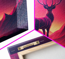 Load image into Gallery viewer, Beautiful stag and sunset, synthwave landscape art, framed canvas print, nature print, pastel and pink art