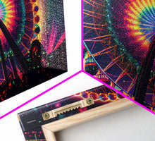 Cargar imagen en el visor de la galería, Colorful boardwalk art, neon lit night time ferris wheel, framed canvas print, framed wall art