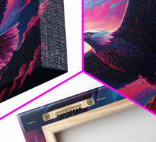Carregar imagem no visualizador da galeria, Bald eagle in flight, vaporwave aesthetic art, eagle against a pastel sunset sky, framed canvas art, framed print