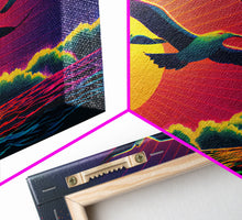 Carregar imagem no visualizador da galeria, Flock of Seagulls, art deco style sun, framed canvas print, synthwave retrowave animal art