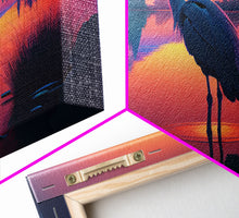 Carregar imagem no visualizador da galeria, A stork standing in a calm lake at sunset, framed canvas print