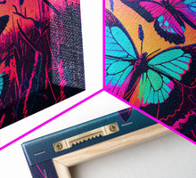 Load image into Gallery viewer, Beautiful turquoise butterfly art, vaporwave aesthetic pastel art, framed canvas print, synthwave art