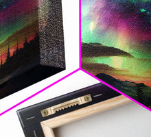 Carregar imagem no visualizador da galeria, Aurora Borealis, Northern Lights Art, framed canvas print, snow capped mountain landscape art