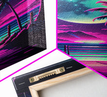 Carregar imagem no visualizador da galeria, Full Moon over a Florida Beach, Palm Trees, Outrun Style Beach Landscape art, framed canvas Print