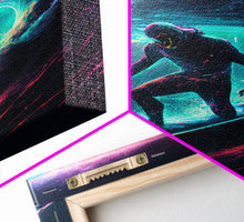 Load image into Gallery viewer, Astronaut surfing the stars, Cosmic Surfer, Galaxy Art, framed canvas print, unique colorful wall art