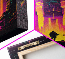 Load image into Gallery viewer, Cyberpunk art, Retrowave style dystopian cityscape art, game room art, framed canvas print, retro wave city skyline