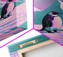 Load image into Gallery viewer, Retrowave Penguins in the Arctic, synthwave style wall art, Antarctica art, framed canvas print, cute animal prints