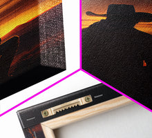 Carregar imagem no visualizador da galeria, A cowboy and his horse at sunset, framed canvas art, canvas print, western decor, farmhouse art